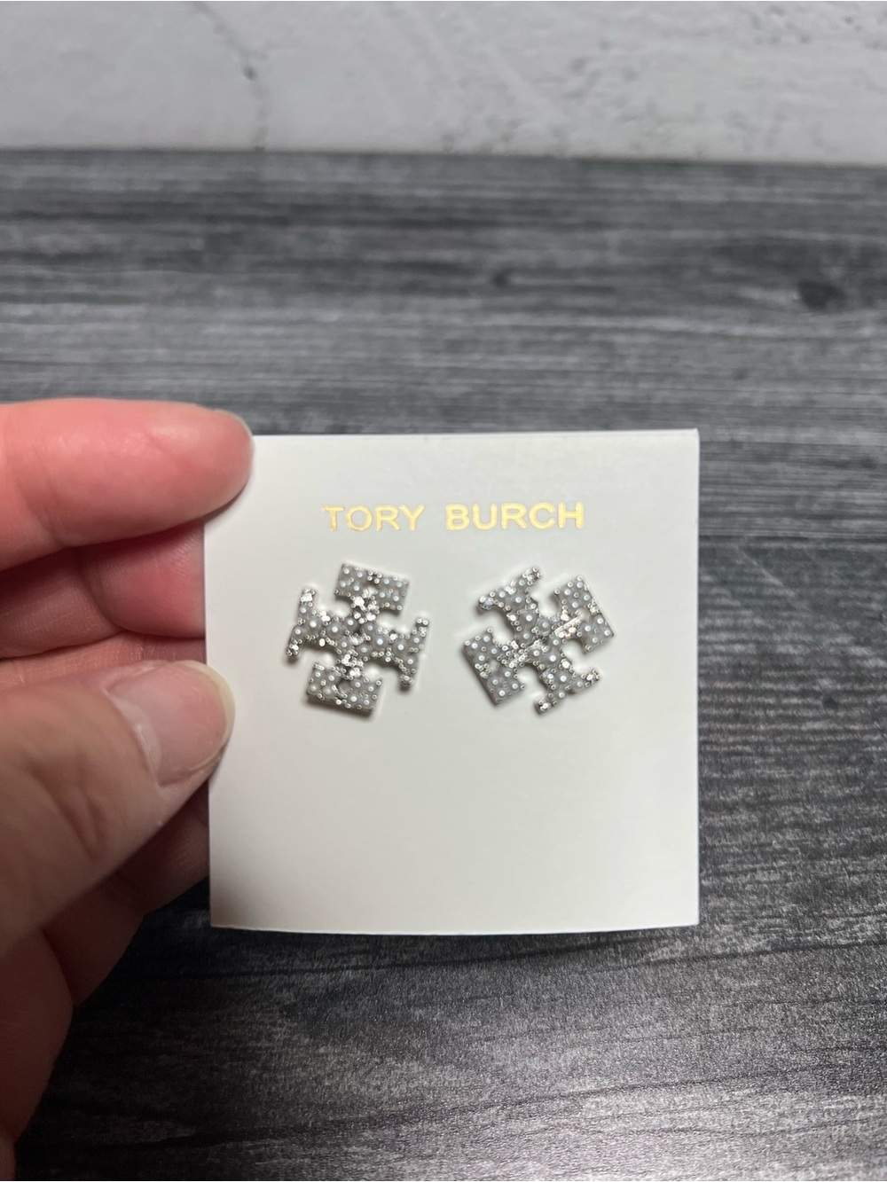 Tory Burch Silver Pearl Logo Stud Earrings